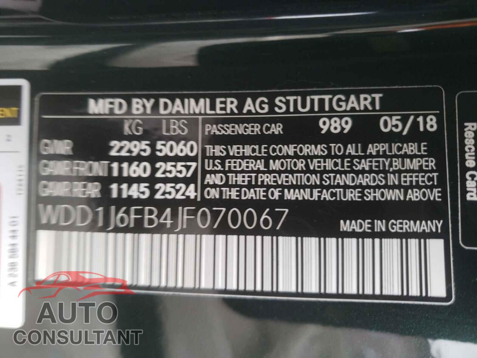 MERCEDES-BENZ E CLASS 2018 - WDD1J6FB4JF070067