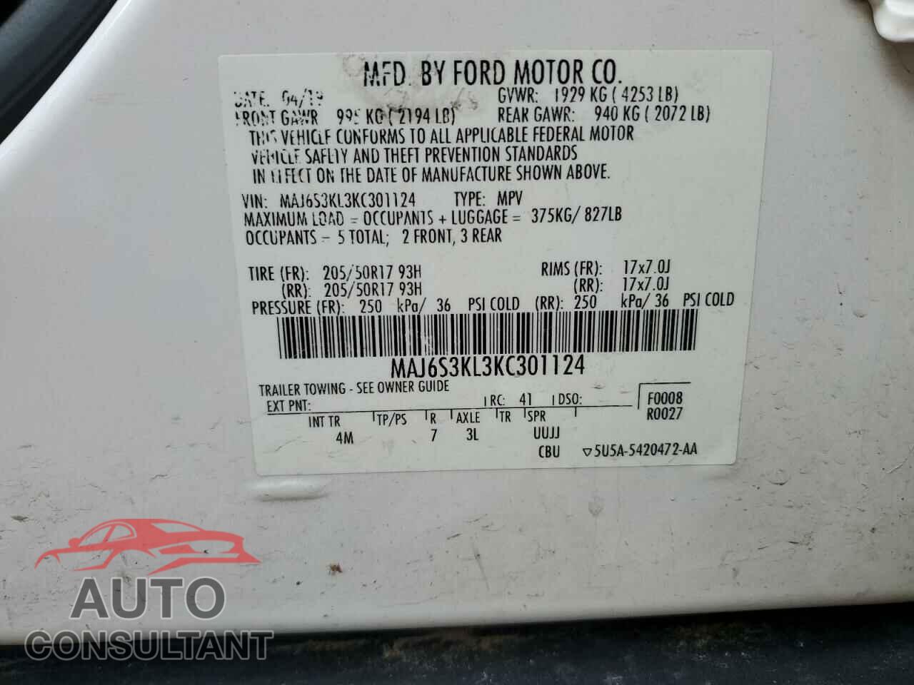 FORD ECOSPORT 2019 - MAJ6S3KL3KC301124