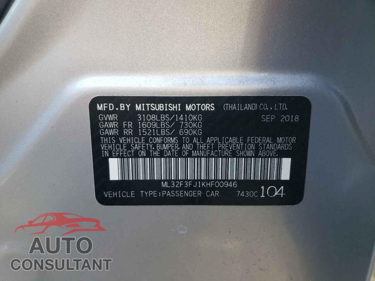 MITSUBISHI MIRAGE 2019 - ML32F3FJ1KHF00946