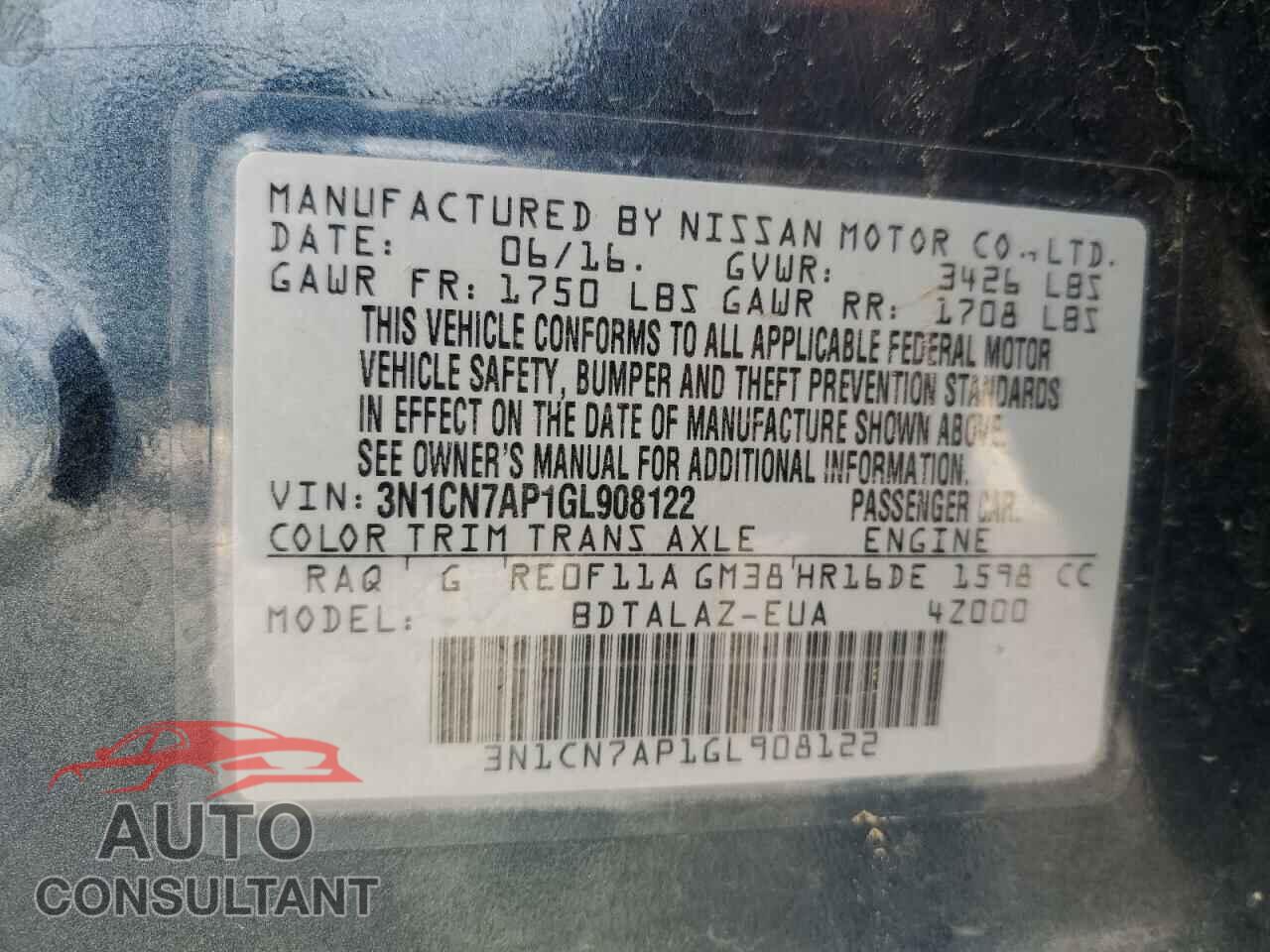 NISSAN VERSA 2016 - 3N1CN7AP1GL908122
