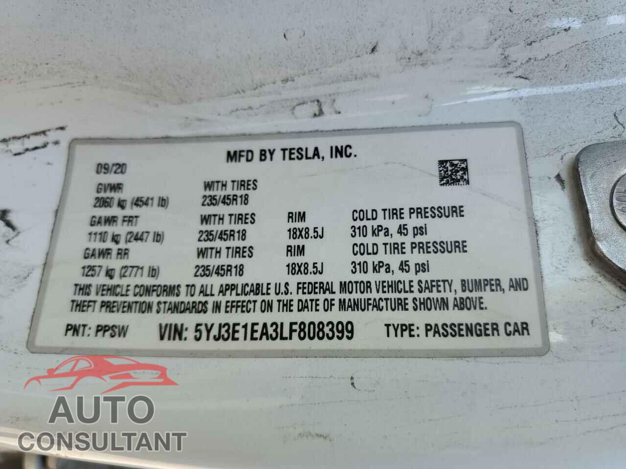 TESLA MODEL 3 2020 - 5YJ3E1EA3LF808399
