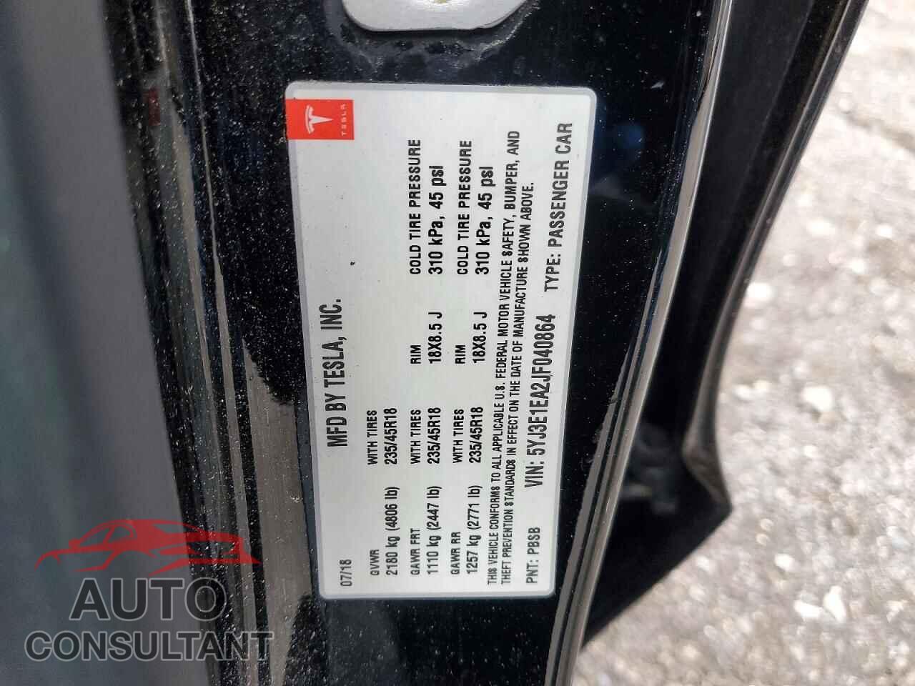 TESLA MODEL 3 2018 - 5YJ3E1EA2JF040864