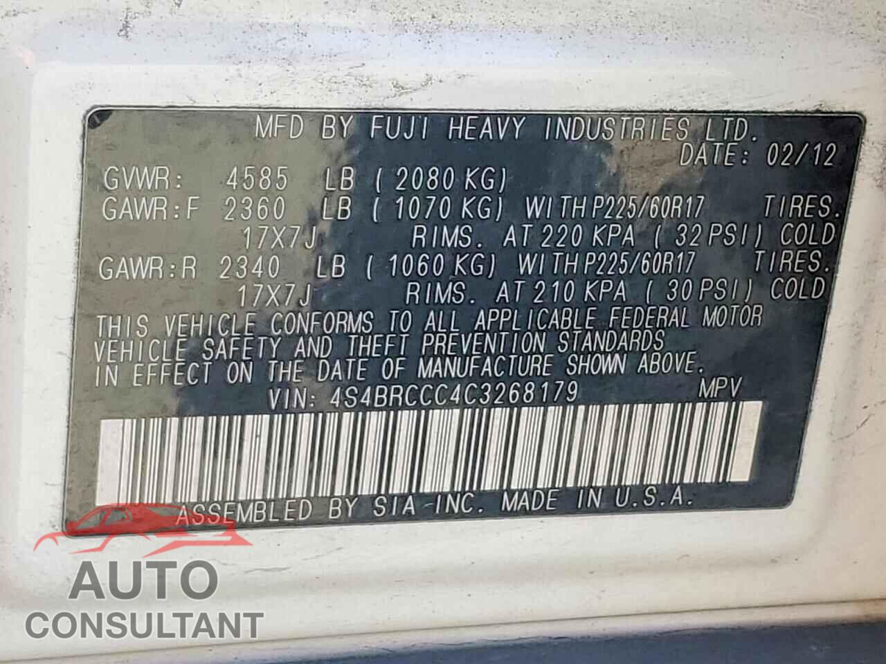 SUBARU OUTBACK 2012 - 4S4BRCCC4C3268179