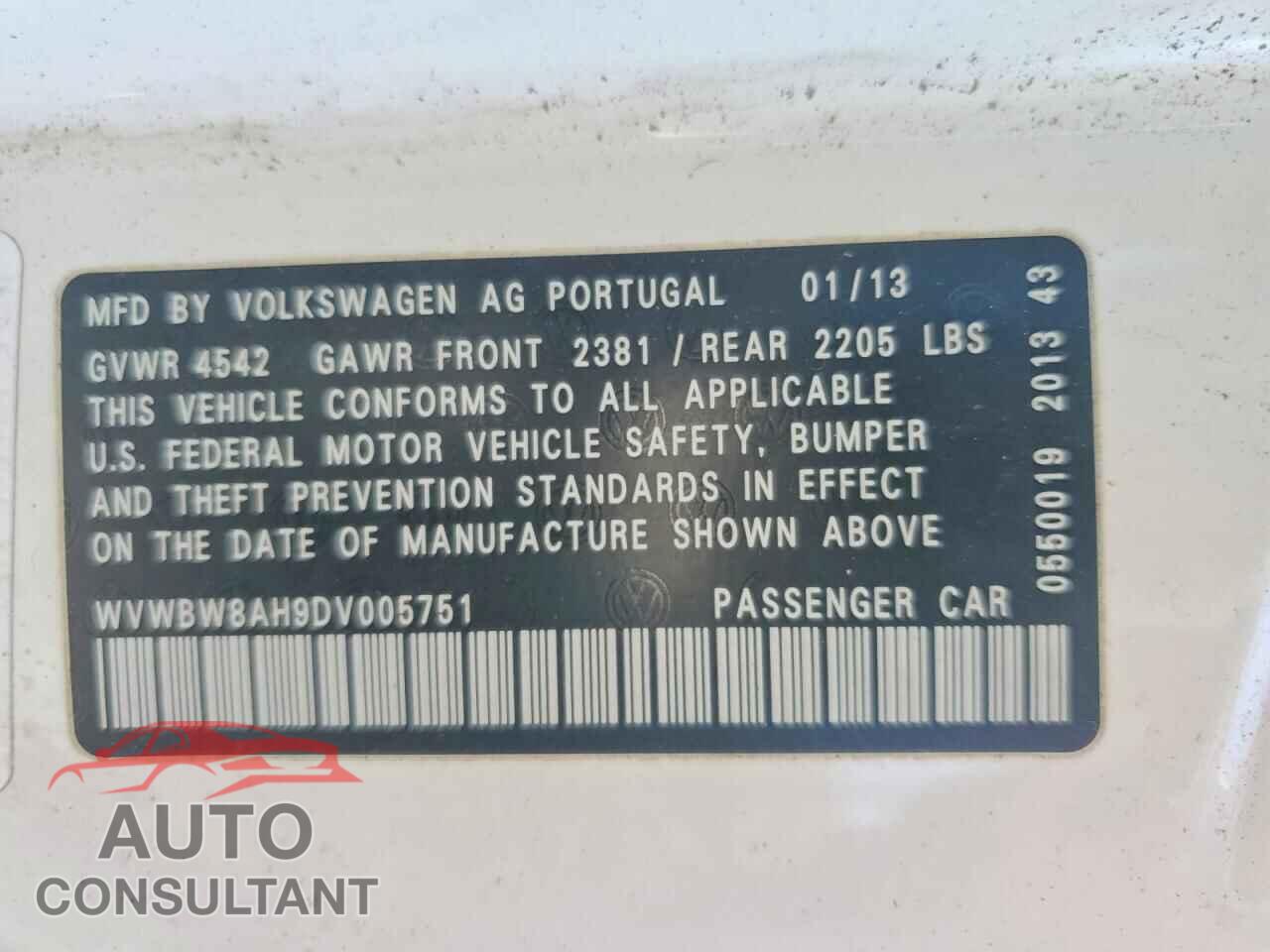 VOLKSWAGEN EOS 2013 - WVWBW8AH9DV005751