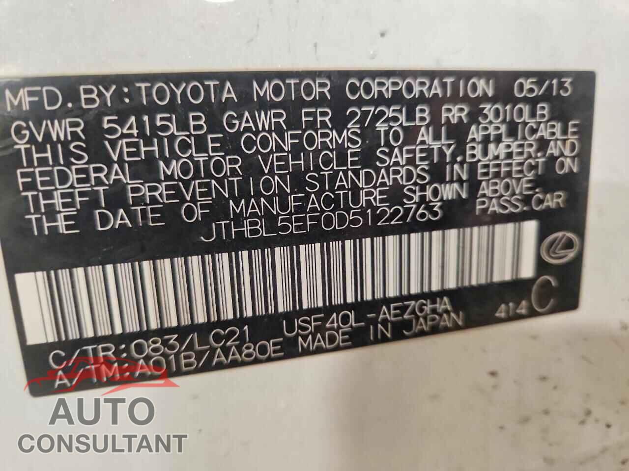 LEXUS LS500 2013 - JTHBL5EF0D5122763