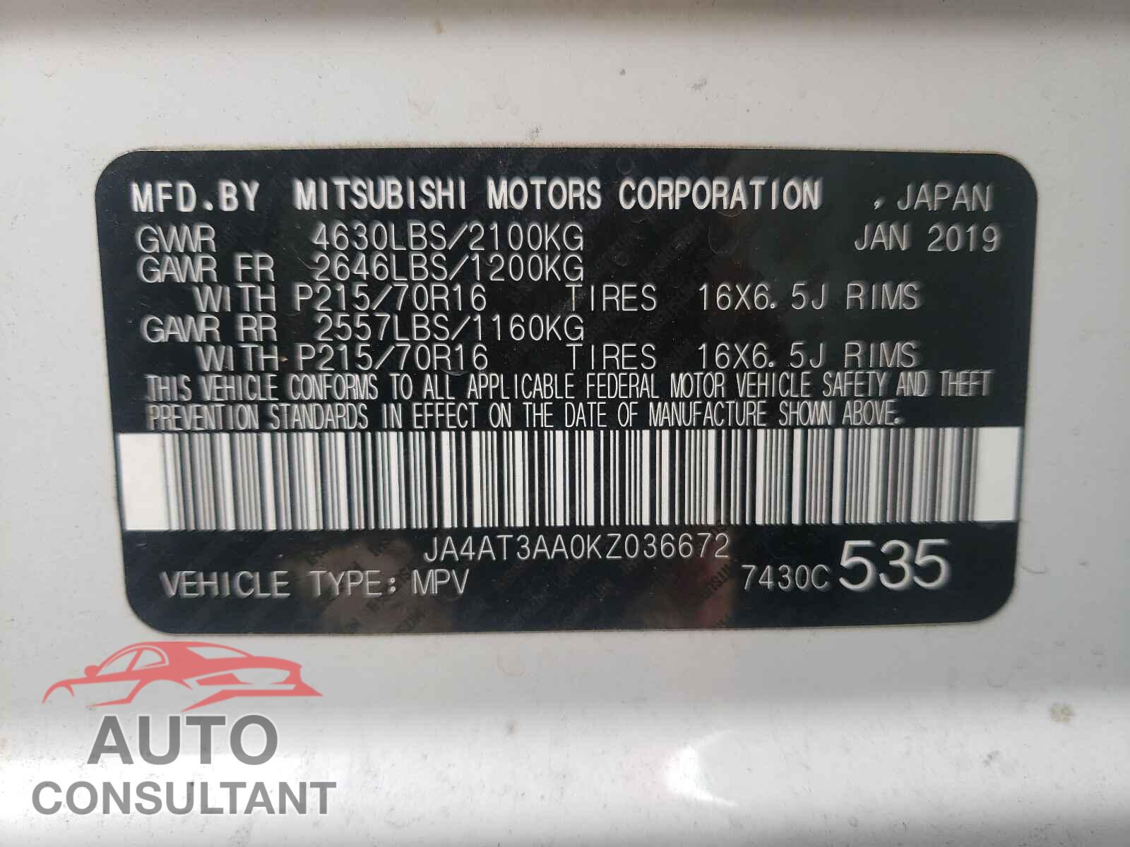 MITSUBISHI ECLIPSE 2019 - JA4AT3AA0KZ036672