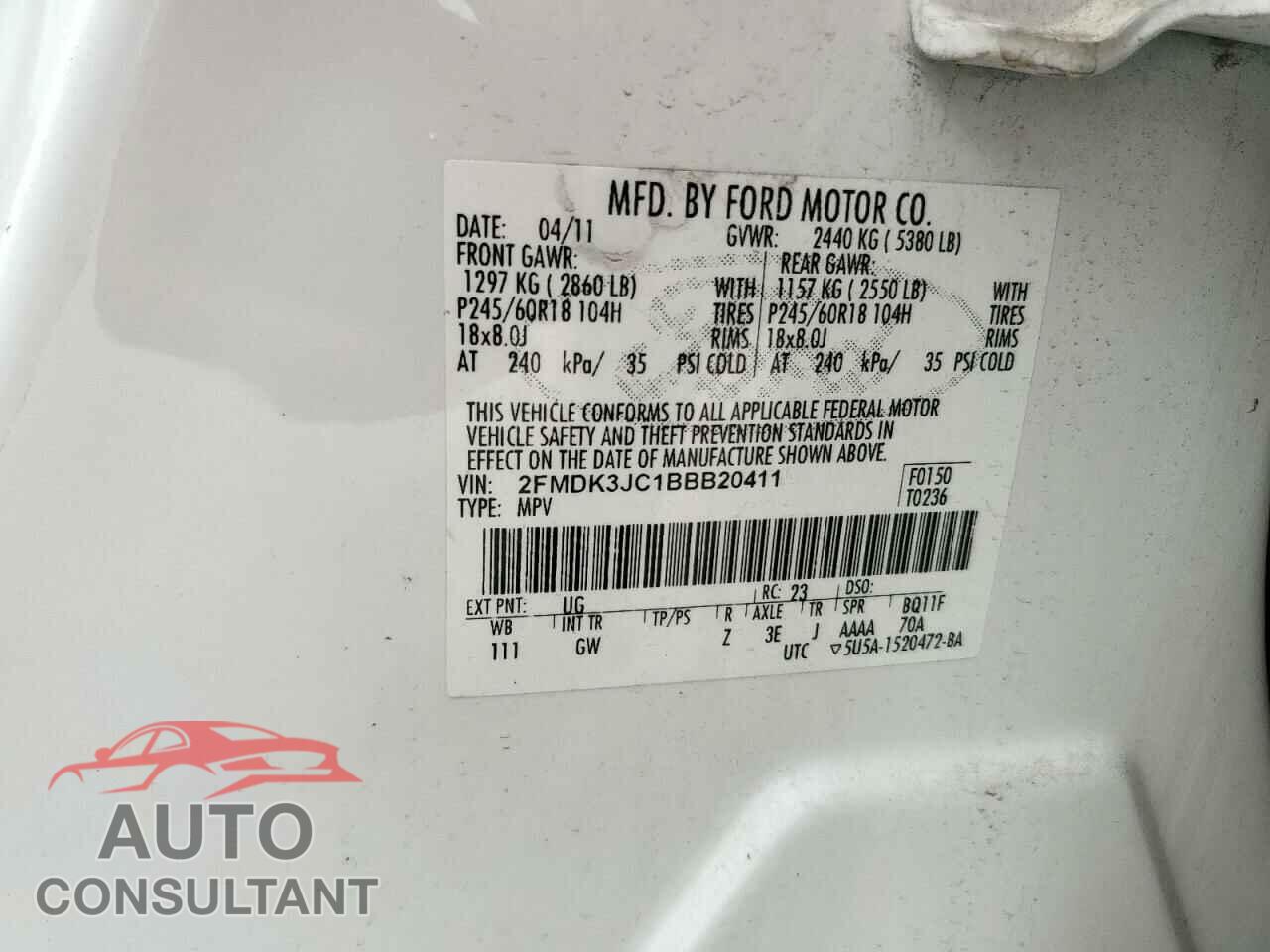 FORD EDGE 2011 - 2FMDK3JC1BBB20411