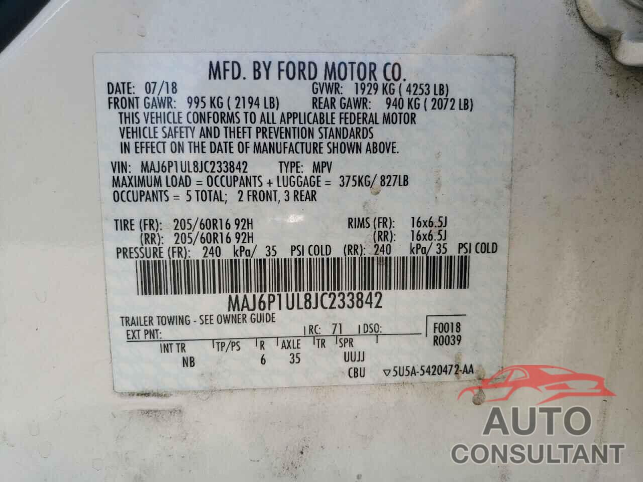 FORD ALL OTHER 2018 - MAJ6P1UL8JC233842