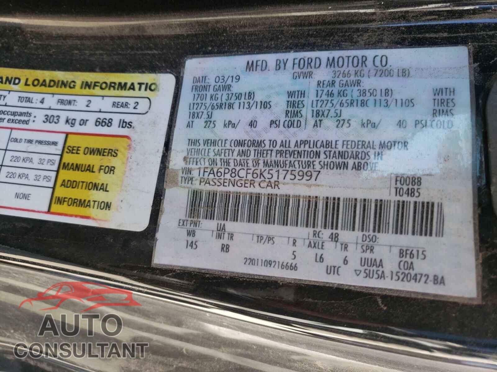 FORD MUSTANG 2019 - 1FA6P8CF6K5175997