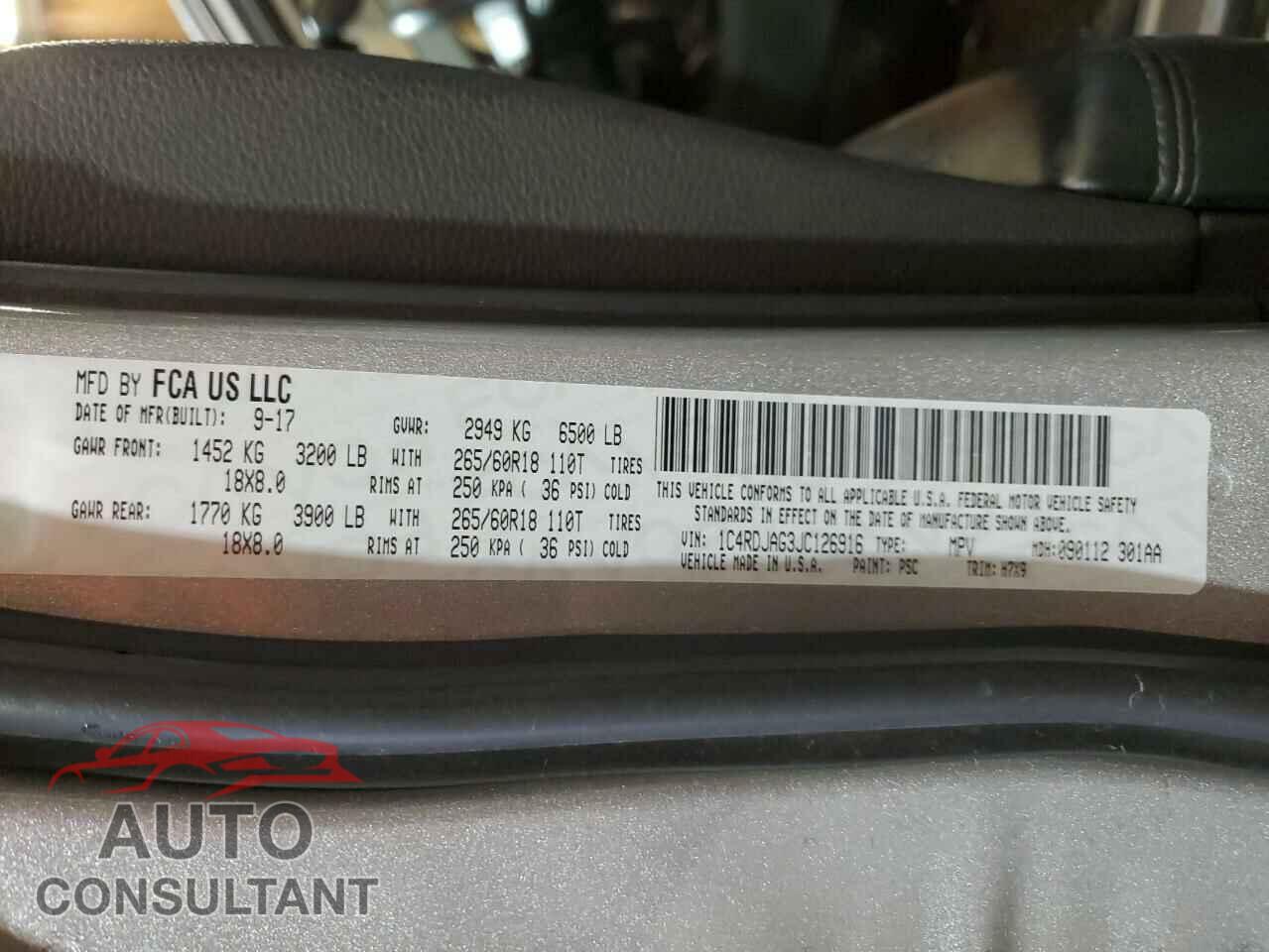 DODGE DURANGO 2018 - 1C4RDJAG3JC126916