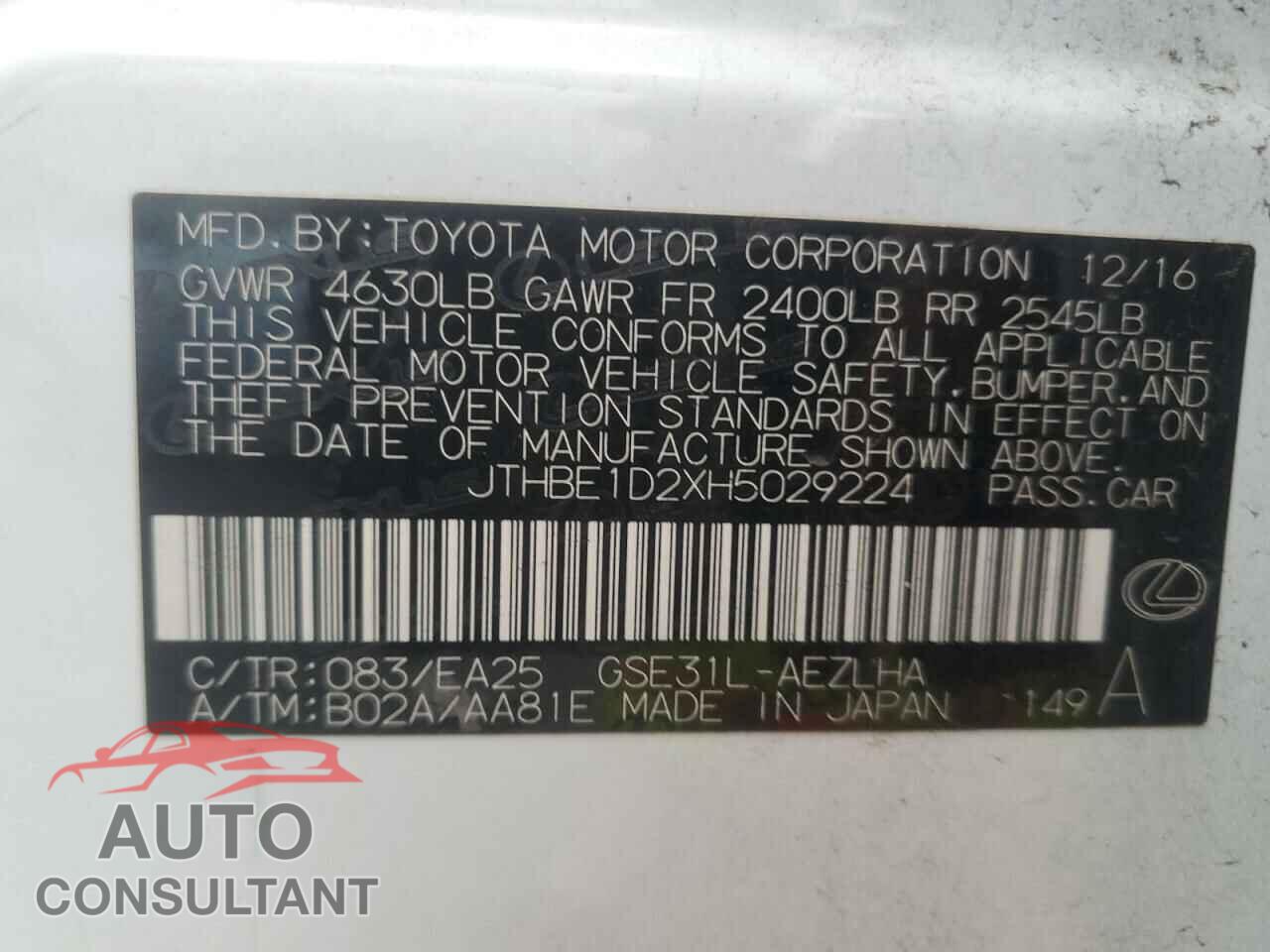 LEXUS IS 2017 - JTHBE1D2XH5029224
