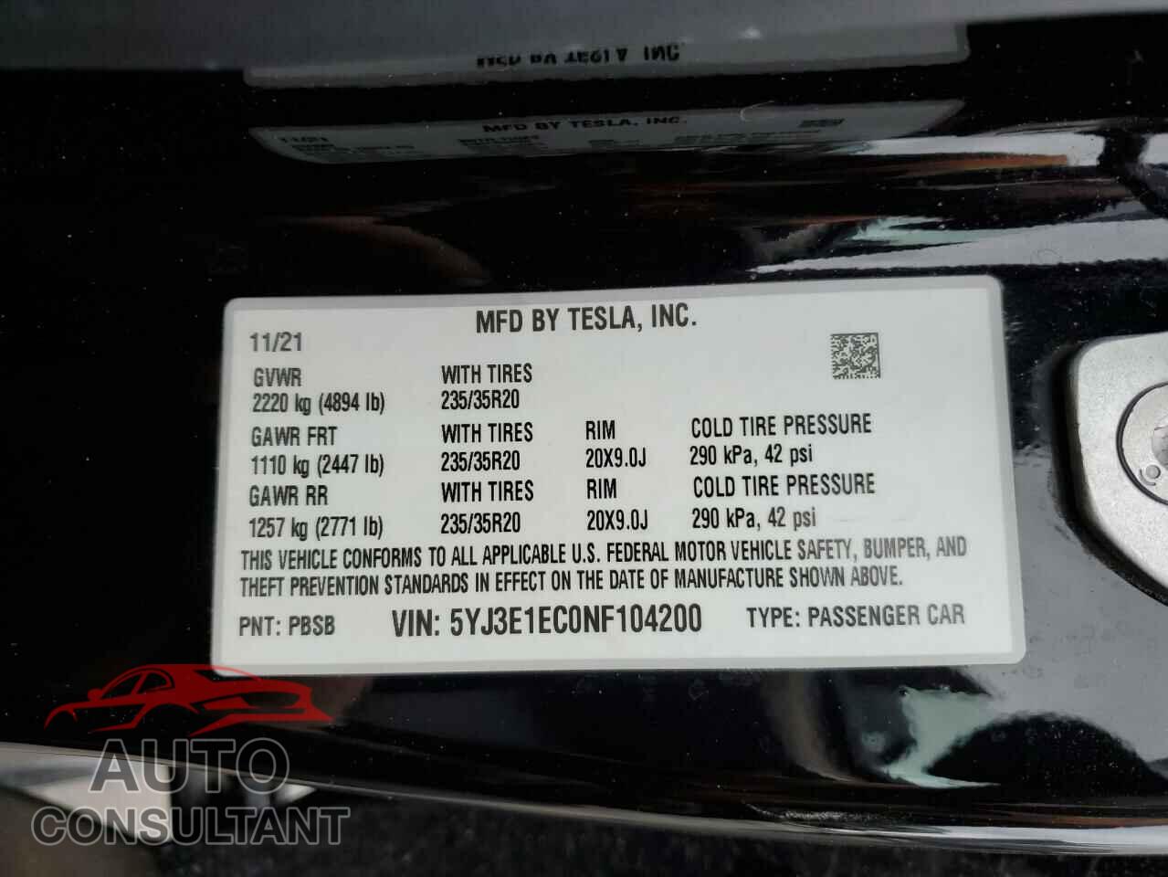 TESLA MODEL 3 2022 - 5YJ3E1EC0NF104200