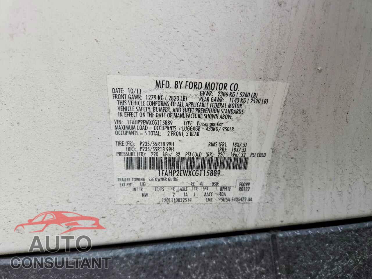 FORD TAURUS 2012 - 1FAHP2EWXCG115889