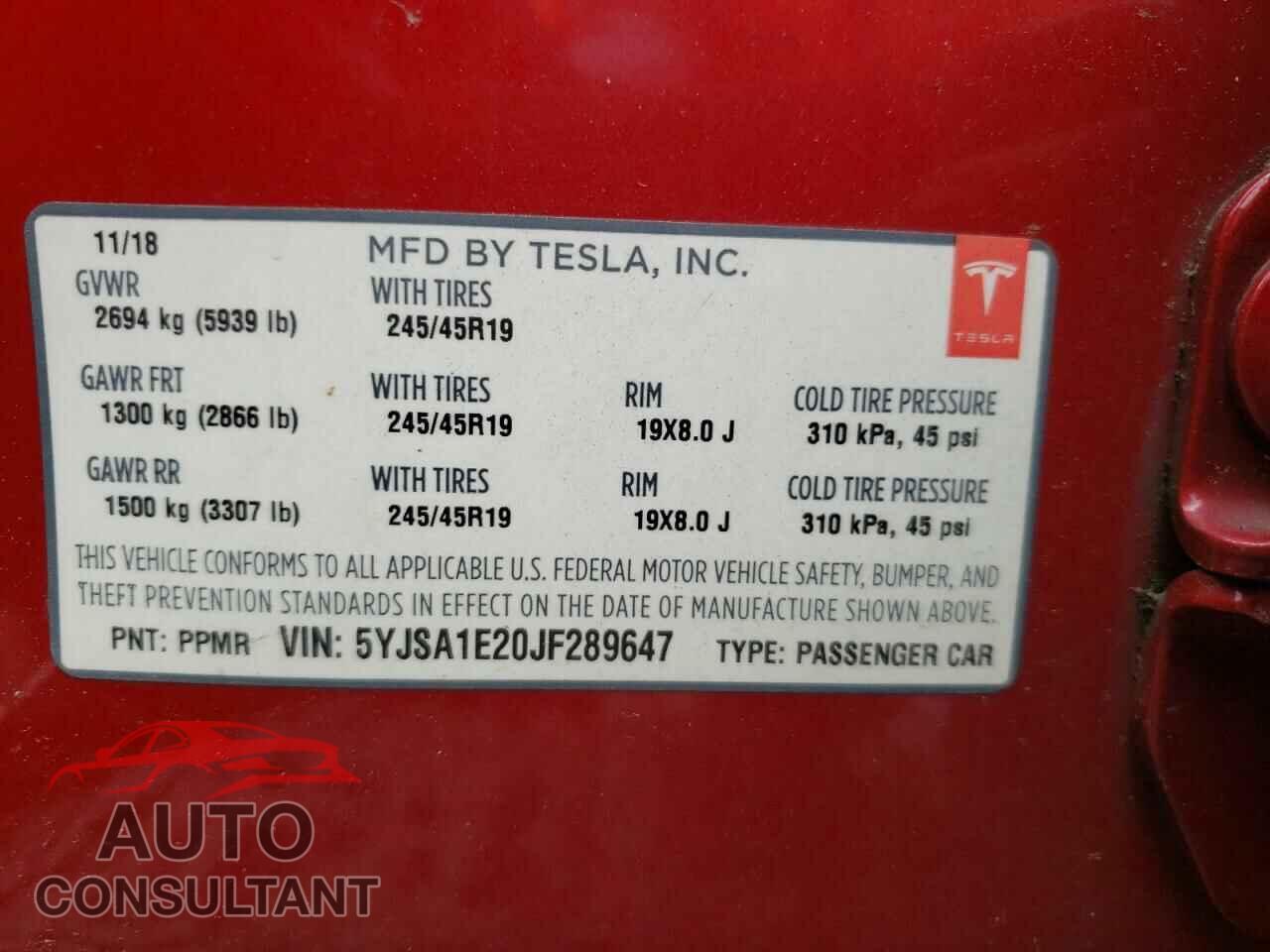 TESLA MODEL S 2018 - 5YJSA1E20JF289647
