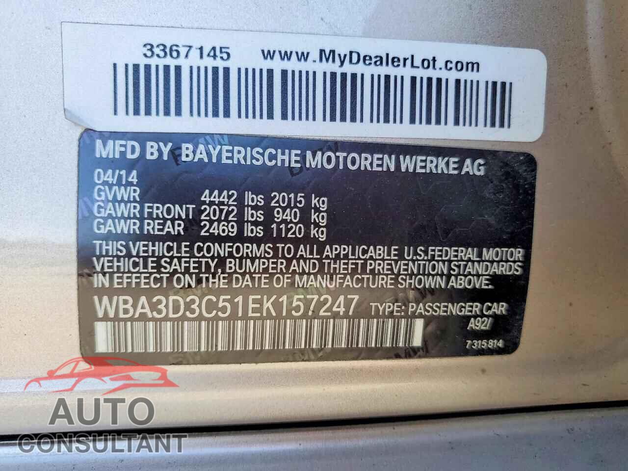 BMW 3 SERIES 2014 - WBA3D3C51EK157247