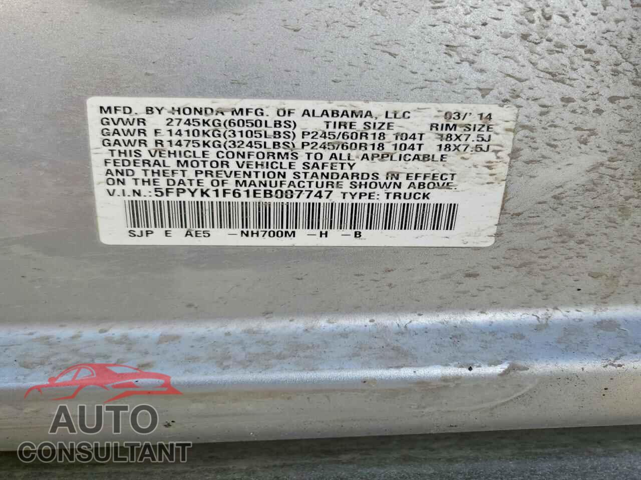 HONDA RIDGELINE 2014 - 5FPYK1F61EB007747