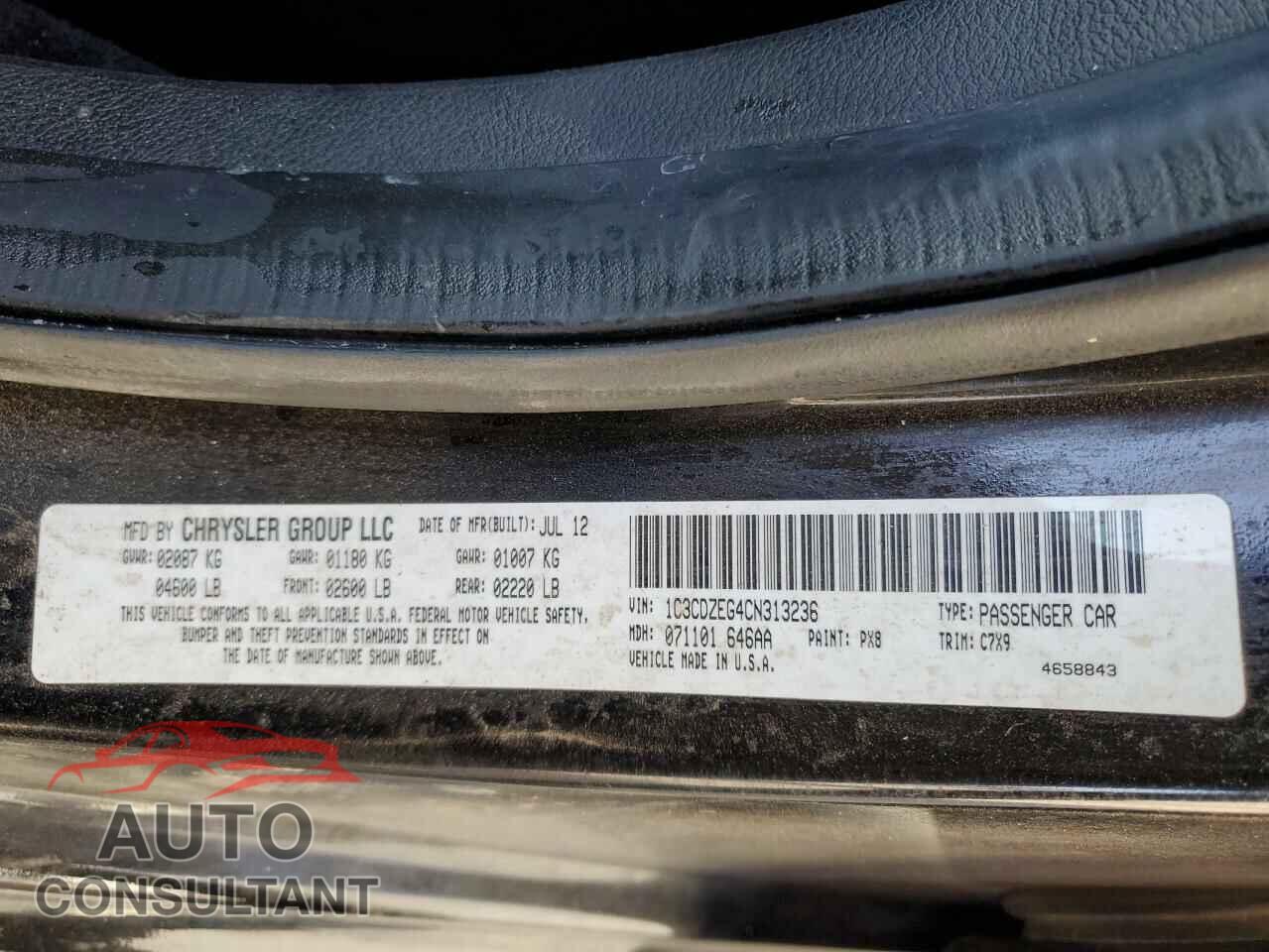 DODGE AVENGER 2012 - 1C3CDZEG4CN313236
