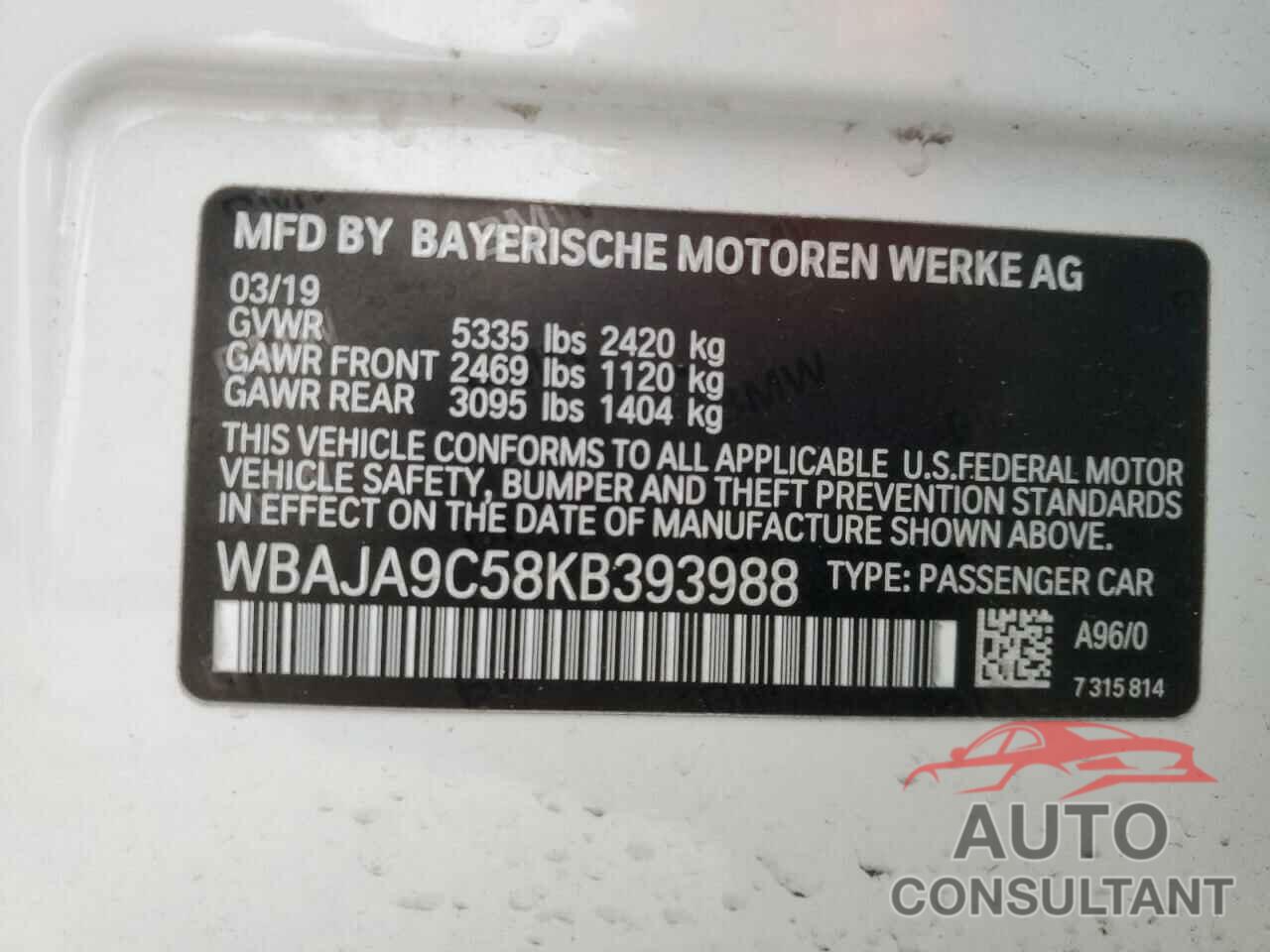 BMW 5 SERIES 2019 - WBAJA9C58KB393988