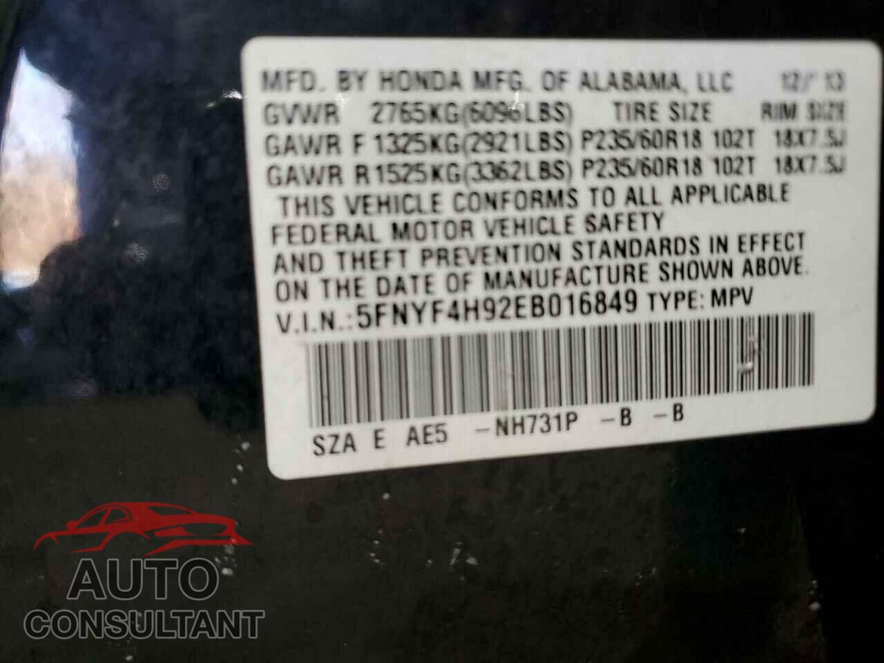 HONDA PILOT 2014 - 5FNYF4H92EB016849