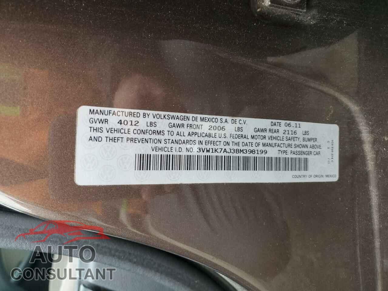 VOLKSWAGEN JETTA 2011 - 3VW1K7AJ3BM398199