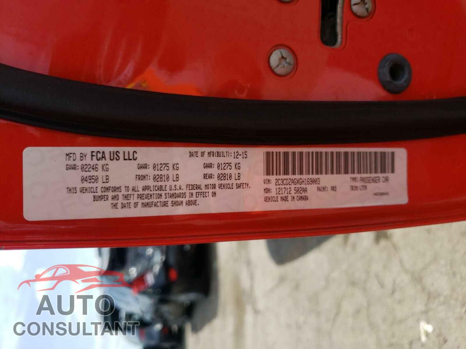 DODGE CHALLENGER 2016 - 2C3CDZAGXGH169003