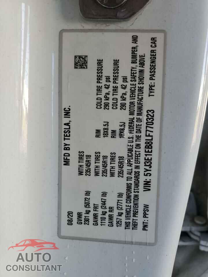 TESLA MODEL 3 2020 - 5YJ3E1EB8LF770323