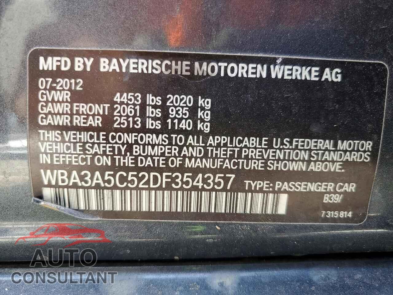 BMW 3 SERIES 2013 - WBA3A5C52DF354357