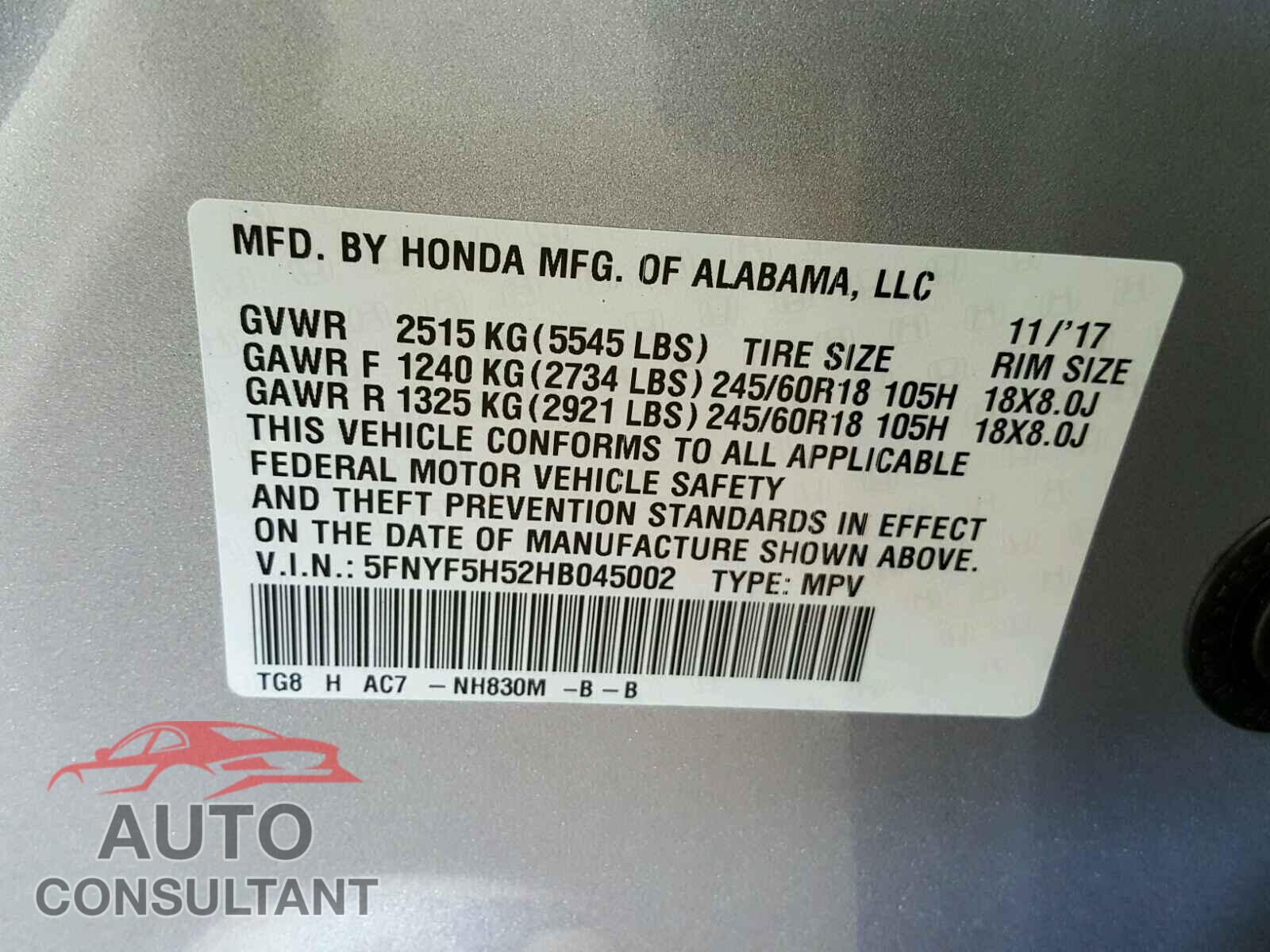 HONDA PILOT EXL 2017 - 5FNYF5H52HB045002