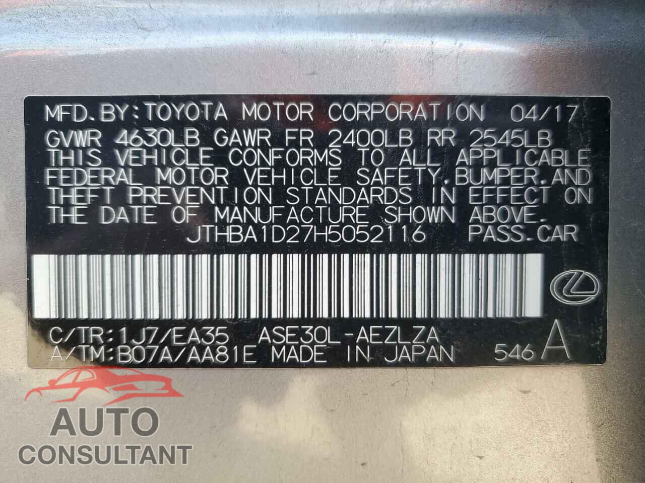 LEXUS IS 2017 - JTHBA1D27H5052116
