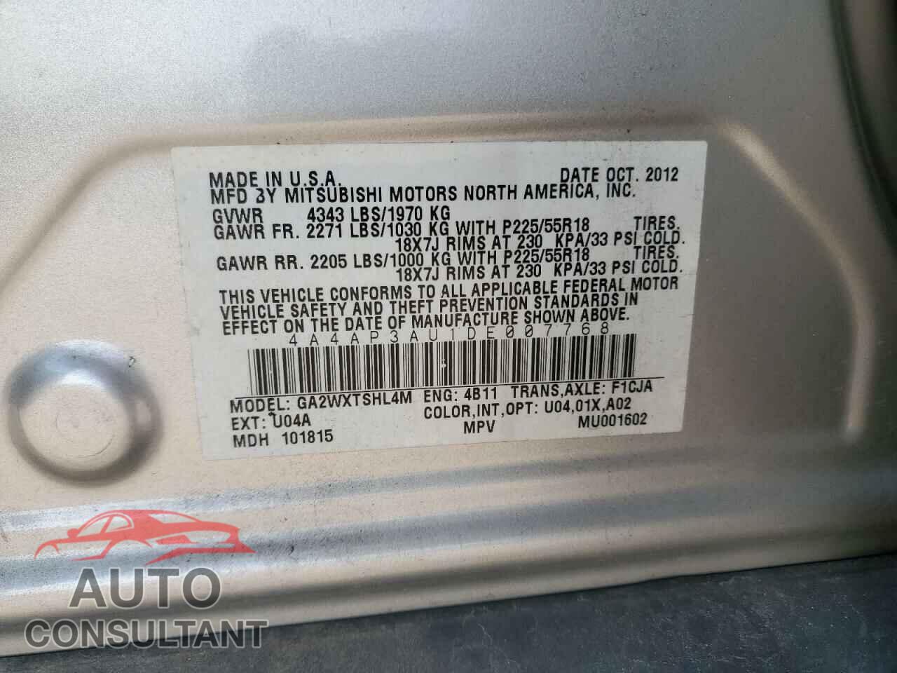 MITSUBISHI OUTLANDER 2013 - 4A4AP3AU1DE007768