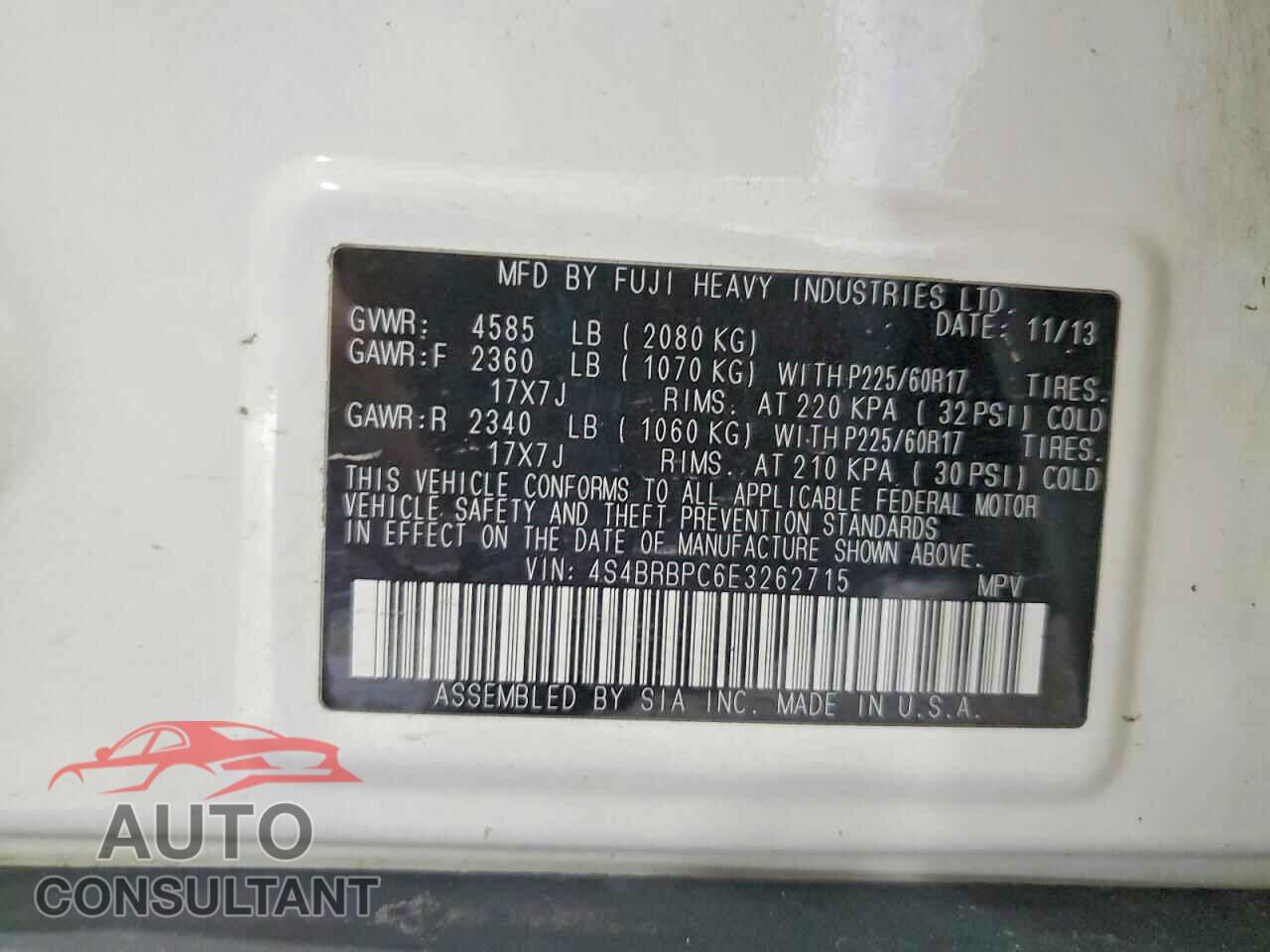 SUBARU OUTBACK 2014 - 4S4BRBPC6E3262715
