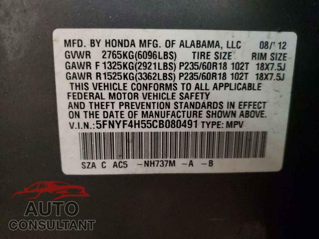 HONDA PILOT 2012 - 5FNYF4H55CB080491