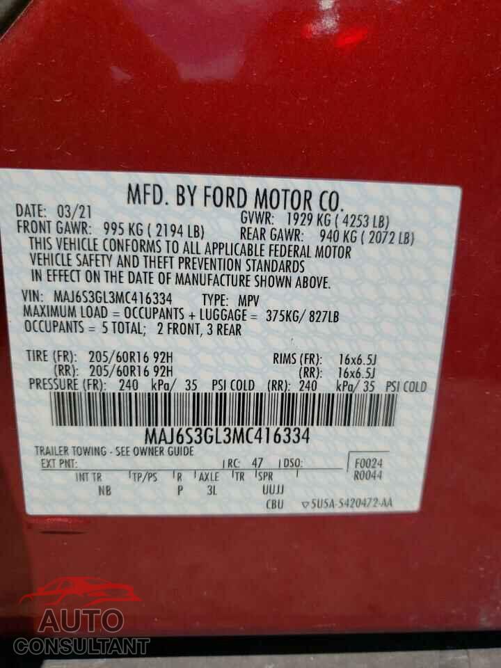 FORD ECOSPORT 2021 - MAJ6S3GL3MC416334