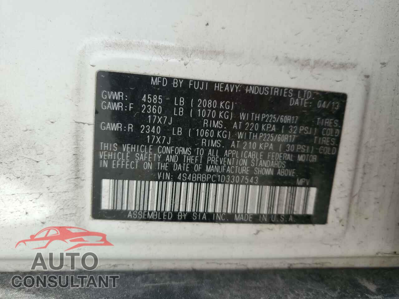 SUBARU OUTBACK 2013 - 4S4BRBPC1D3307543