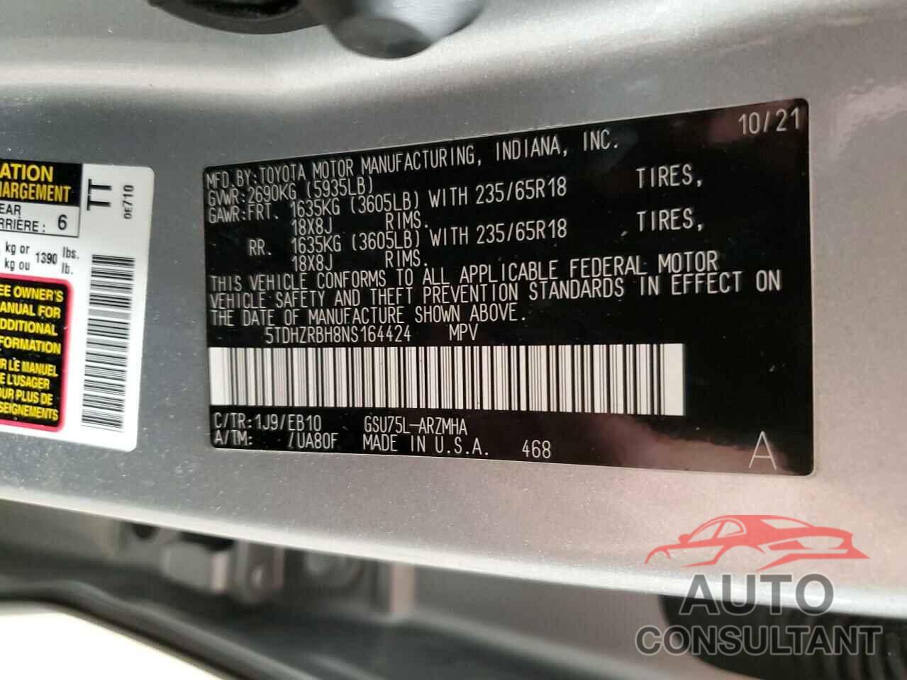 TOYOTA HIGHLANDER 2022 - 5TDHZRBH8NS164424