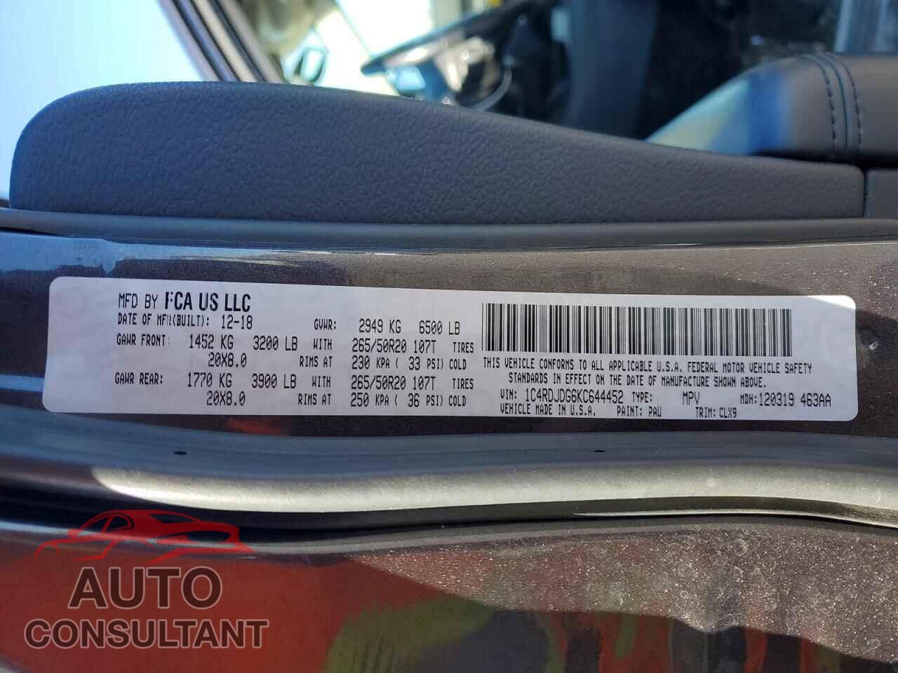 DODGE DURANGO 2019 - 1C4RDJDG6KC644452