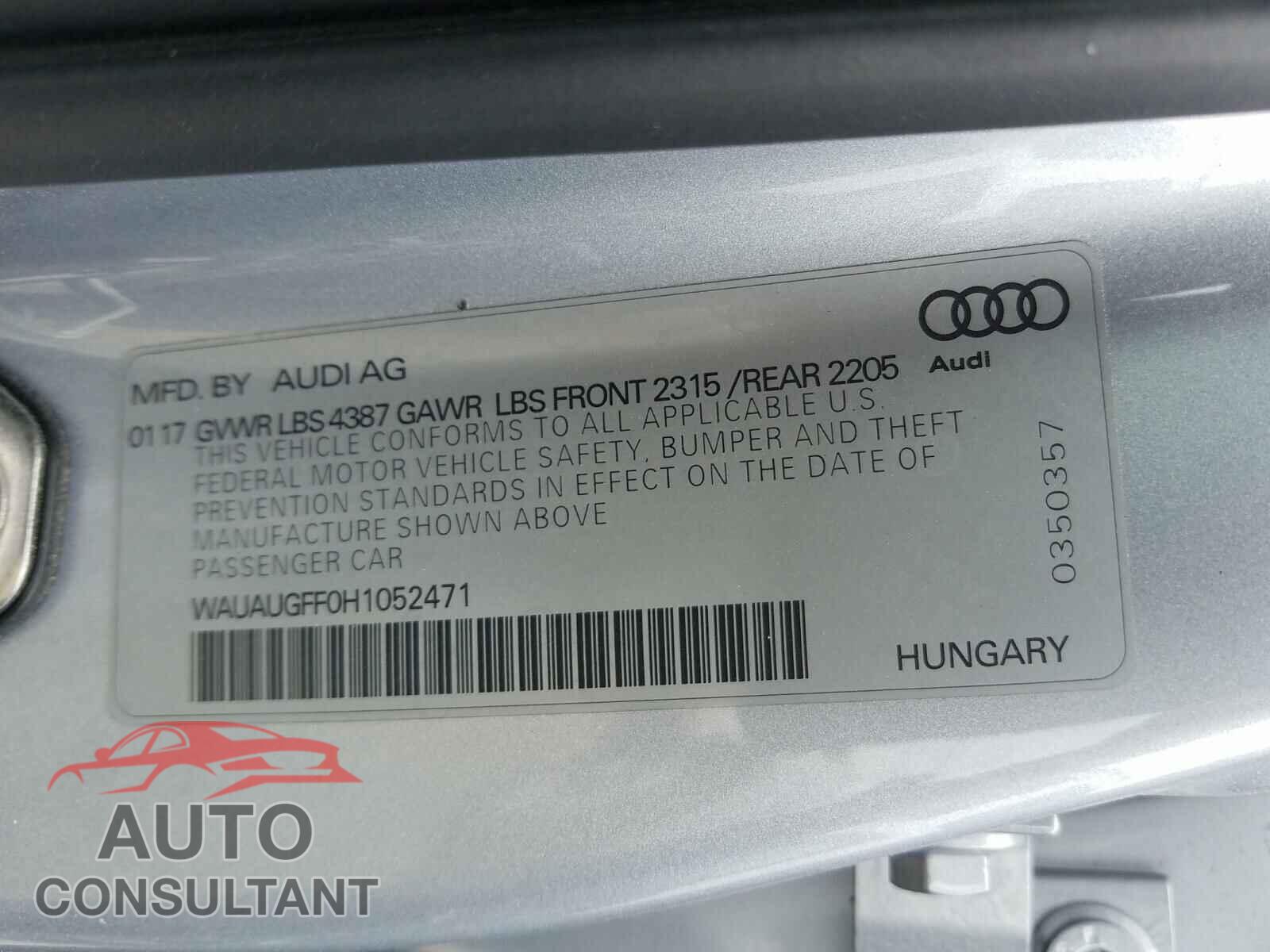 AUDI A3 2017 - WAUAUGFF0H1052471