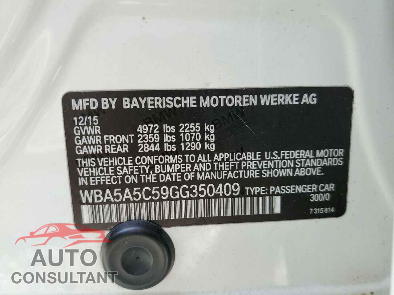 BMW 5 SERIES 2016 - WBA5A5C59GG350409
