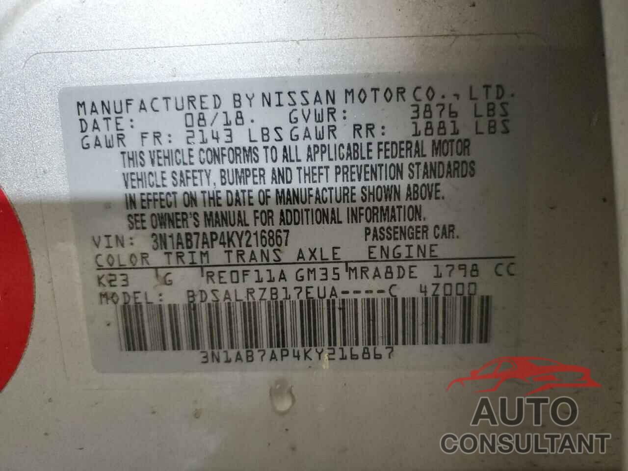 NISSAN SENTRA 2019 - 3N1AB7AP4KY216867