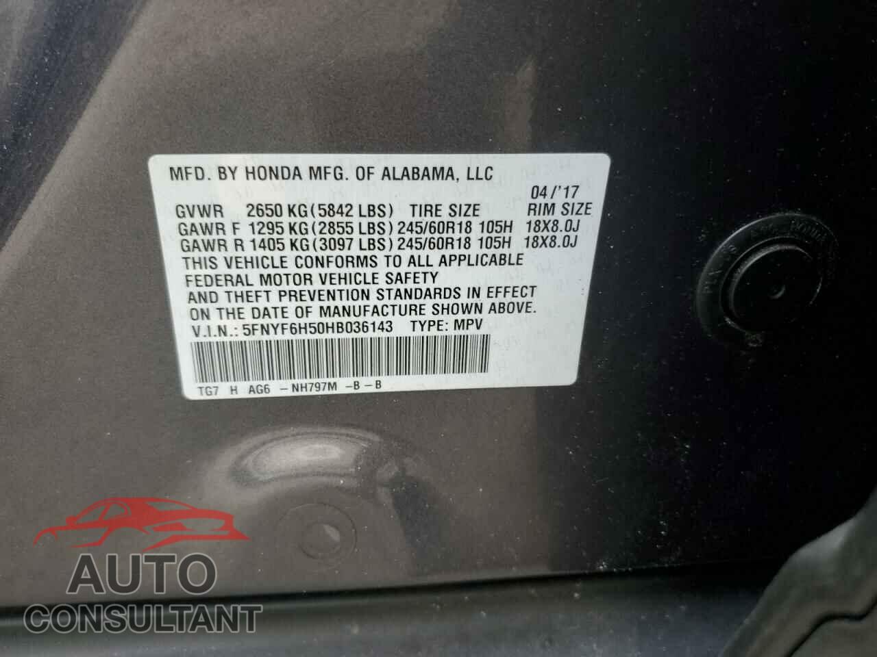 HONDA PILOT 2017 - 5FNYF6H50HB036143