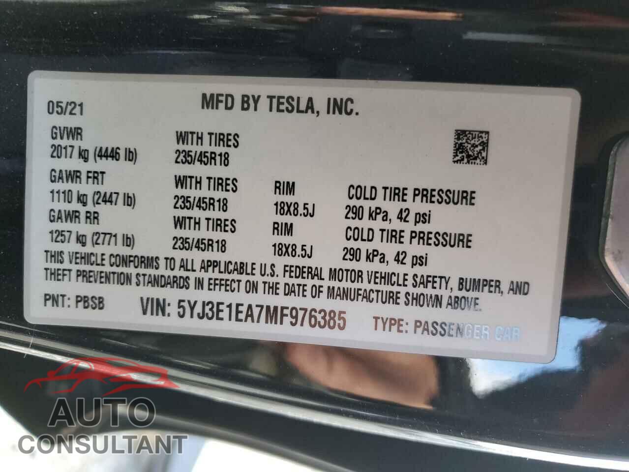 TESLA MODEL 3 2021 - 5YJ3E1EA7MF976385