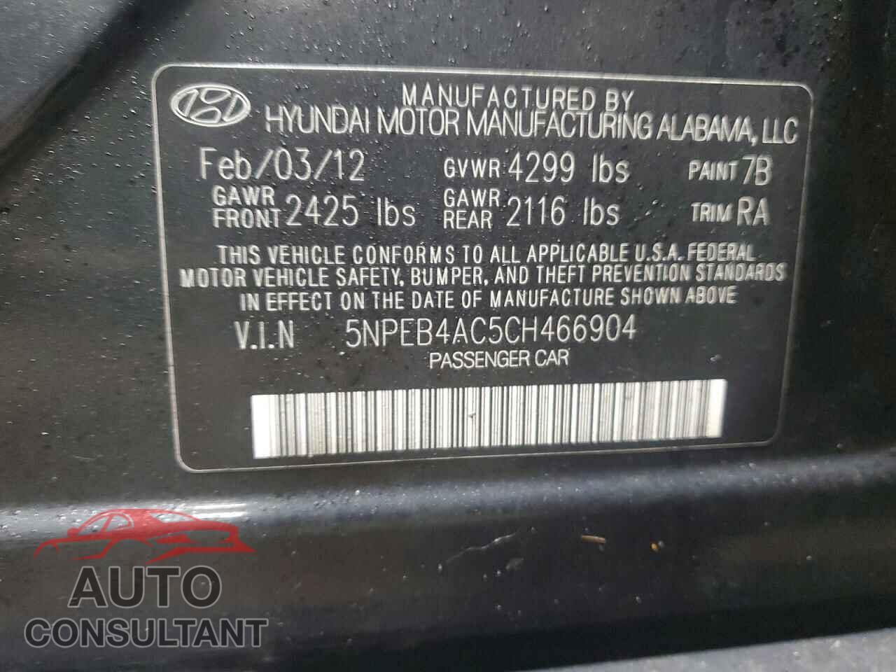 HYUNDAI SONATA 2012 - 5NPEB4AC5CH466904