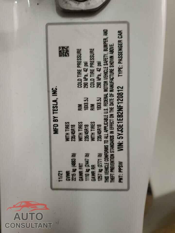 TESLA MODEL 3 2022 - 5YJ3E1EB2NF120812