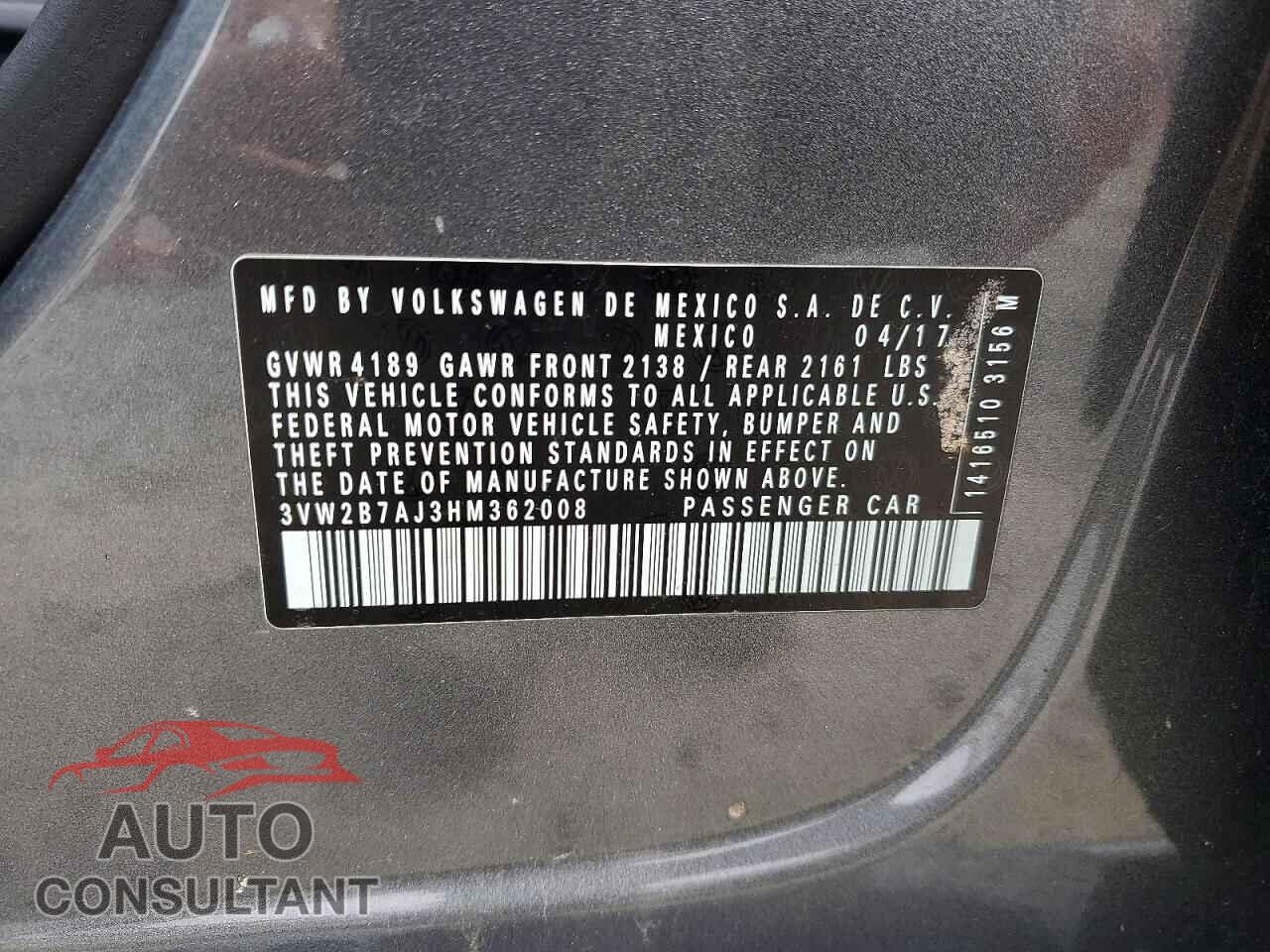 VOLKSWAGEN JETTA 2017 - 3VW2B7AJ3HM362008