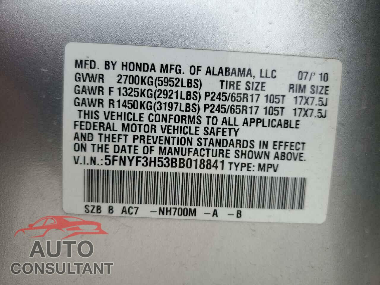 HONDA PILOT 2011 - 5FNYF3H53BB018841