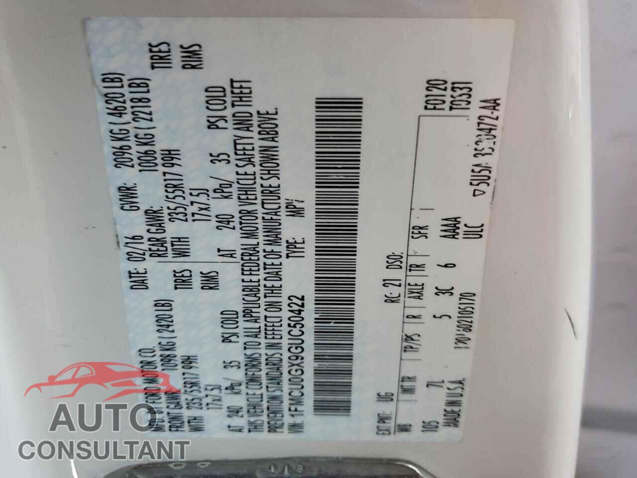 FORD ESCAPE 2016 - 1FMCU0GX9GUC50422