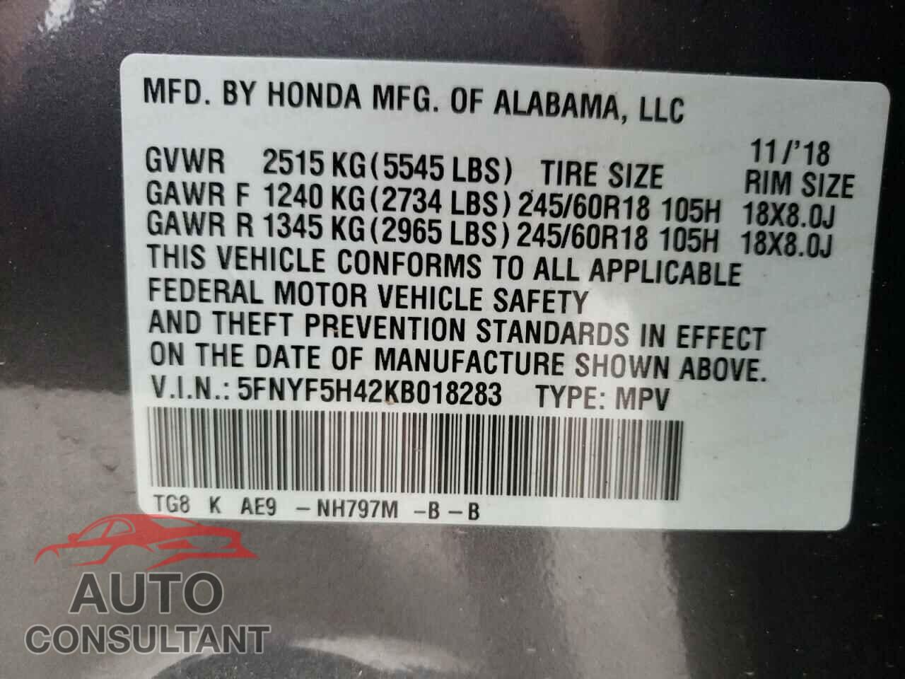 HONDA PILOT 2019 - 5FNYF5H42KB018283