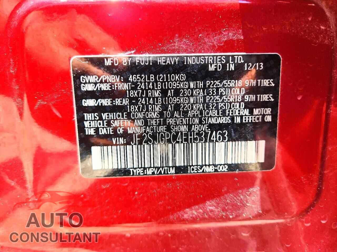 SUBARU FORESTER 2014 - JF2SJGPC4EH537463