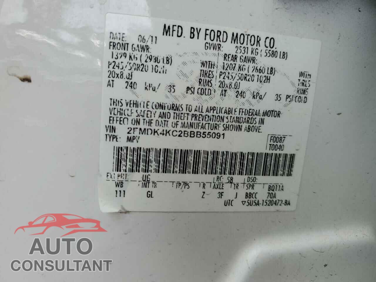FORD EDGE 2011 - 2FMDK4KC2BBB55091