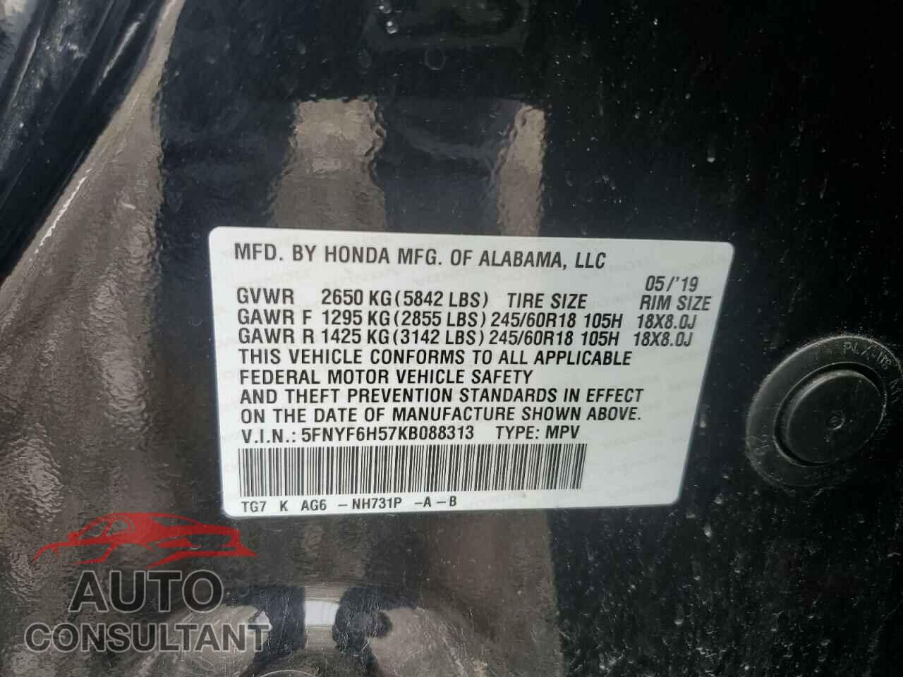 HONDA PILOT 2019 - 5FNYF6H57KB088313